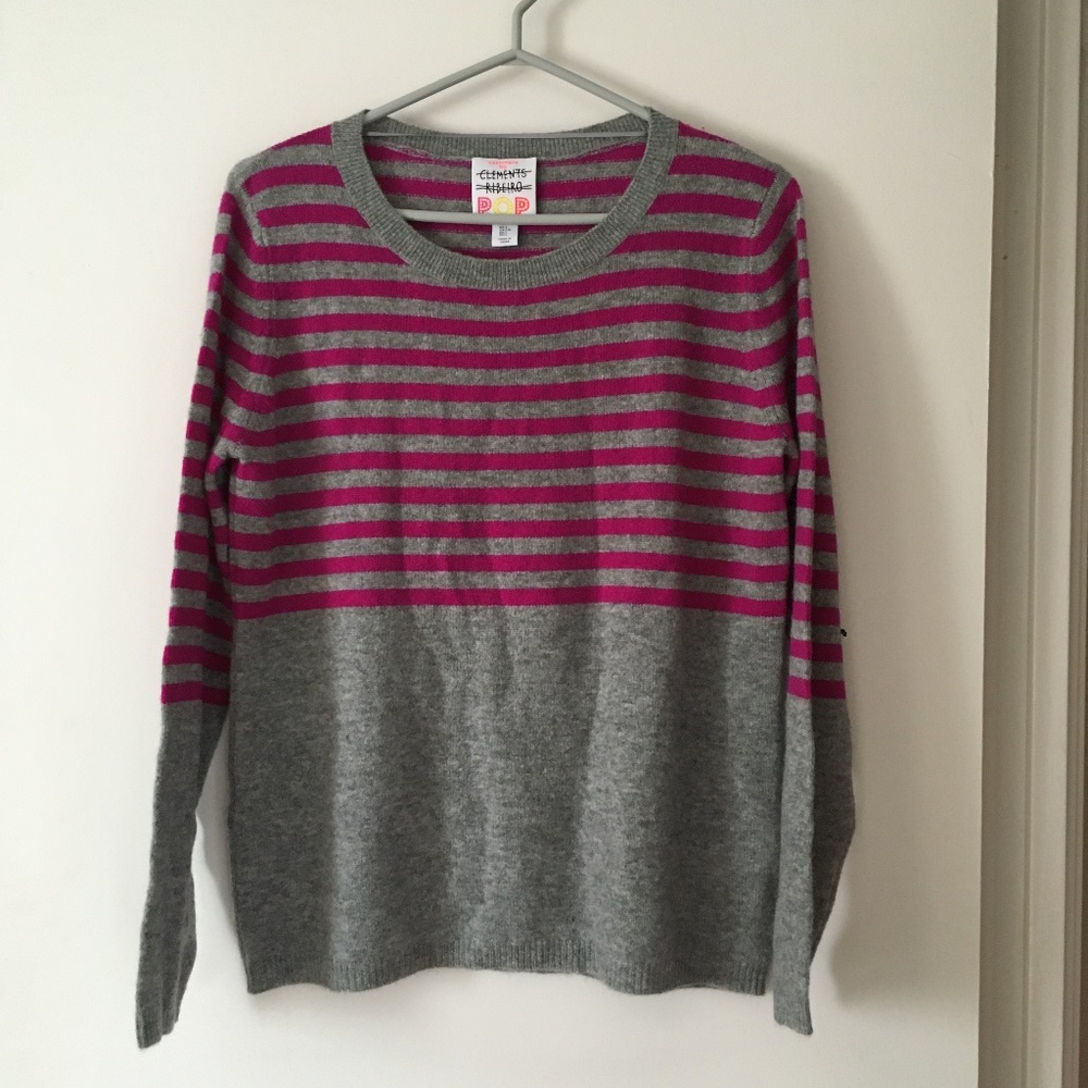CLEMENTS RIBEIRO POP 100% Cashmere Grey + Fuchsia Stripe Crew Sweater L
